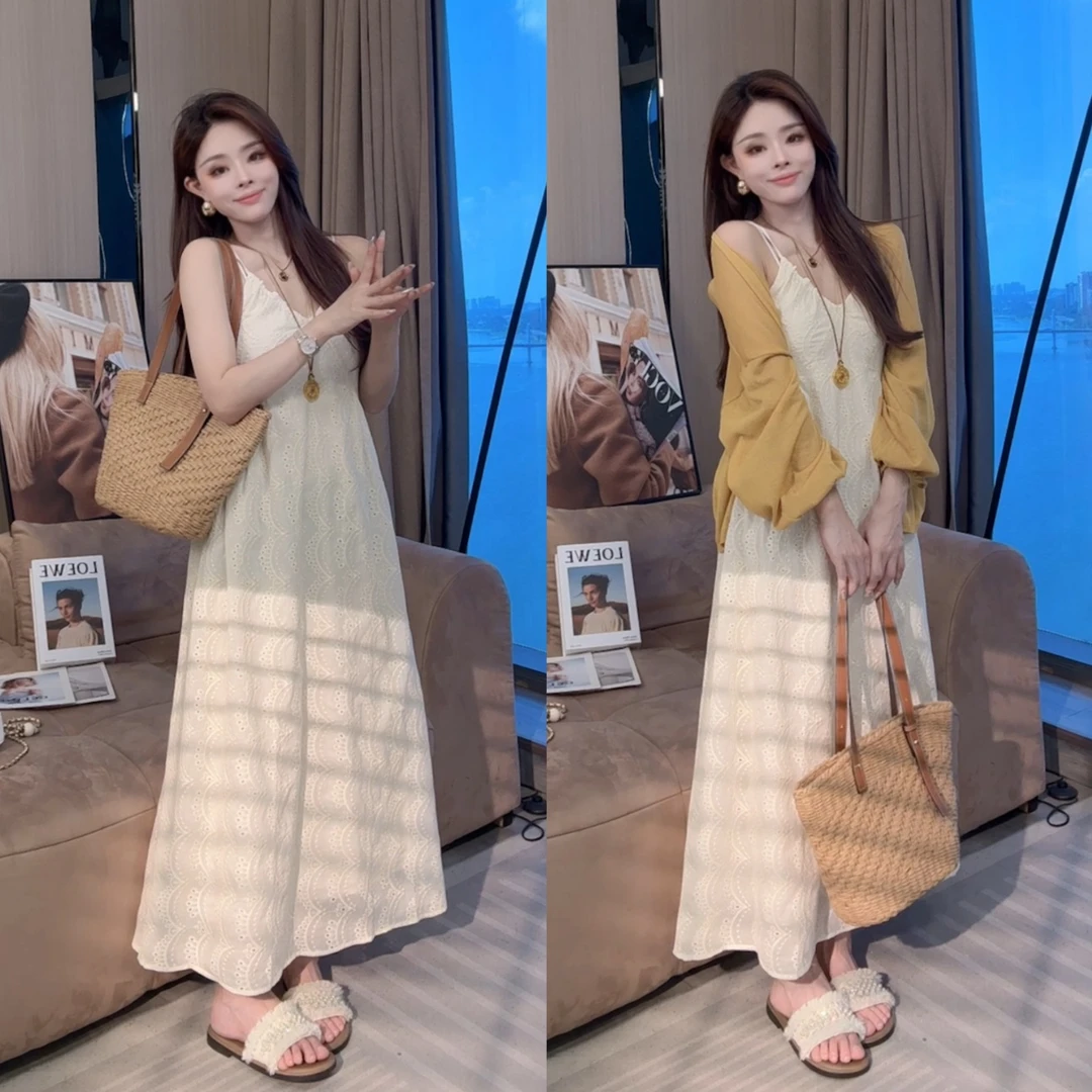 【晓溪服饰】夏季新款法式温柔风薄款V领镂空收腰吊带连衣裙6336