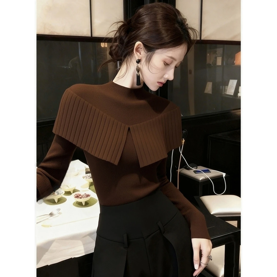 秋季巨好看小众设计感上衣韩系独特漂亮修身显瘦咖色披肩针织衫女