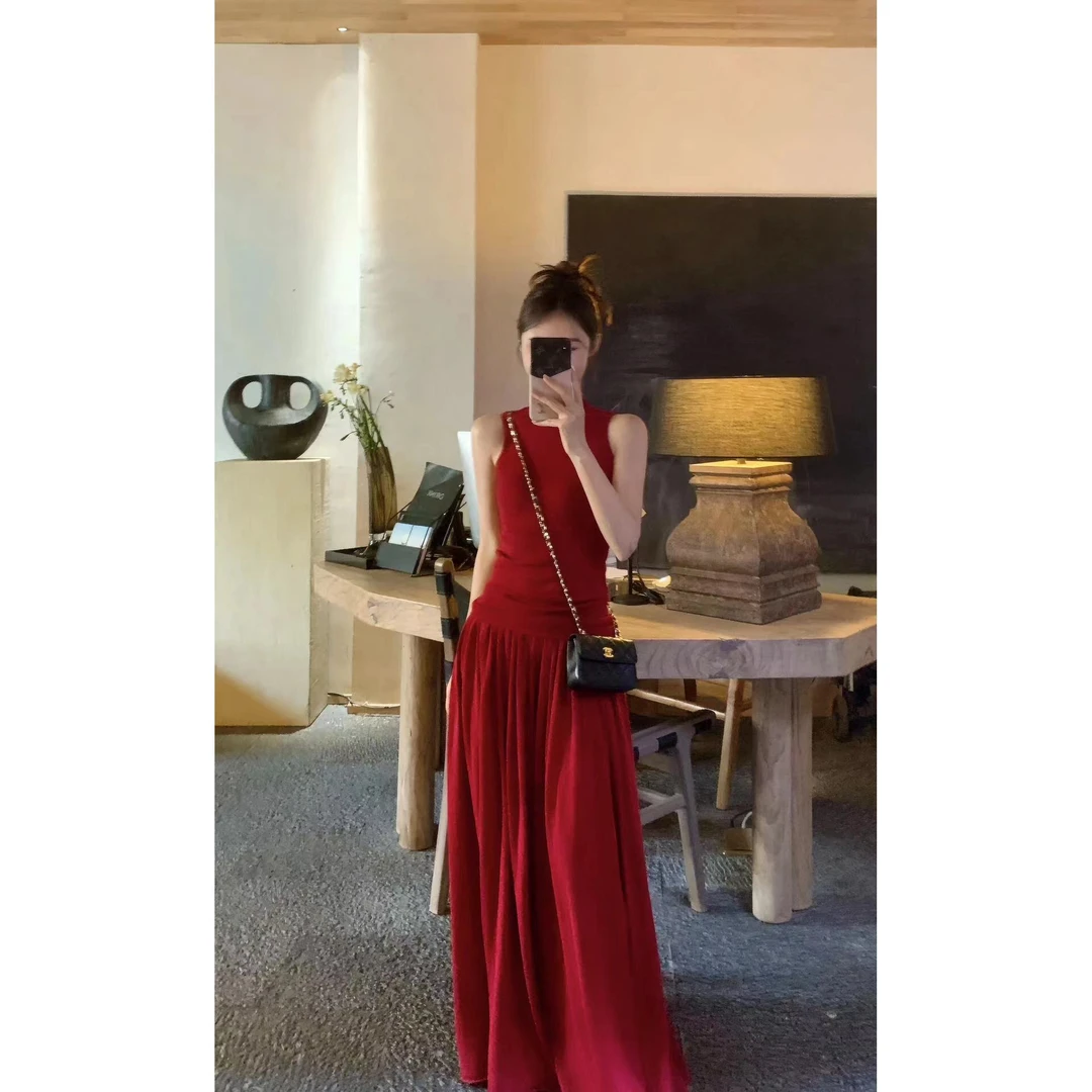 红色修身针织吊带背心上衣辣妹时尚套装女夏2025新款高腰半身长裙