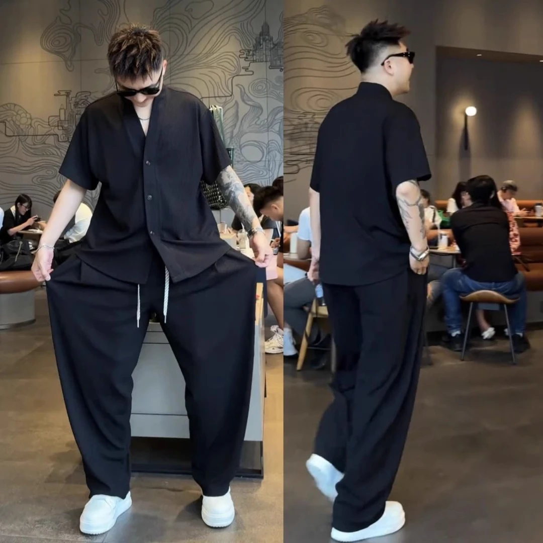 秋季新款两件套高级男装百搭休闲运动宽松短袖套装纯色长裤开衫男