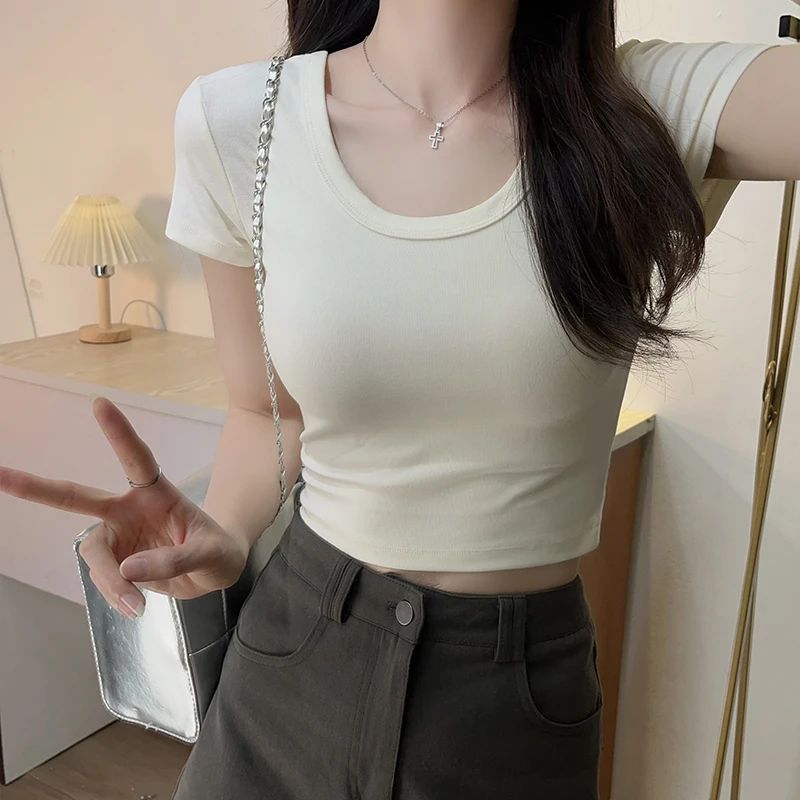 杏色正肩短款韩系简约短袖T恤女夏季设计感修身显瘦辣妹U领上衣