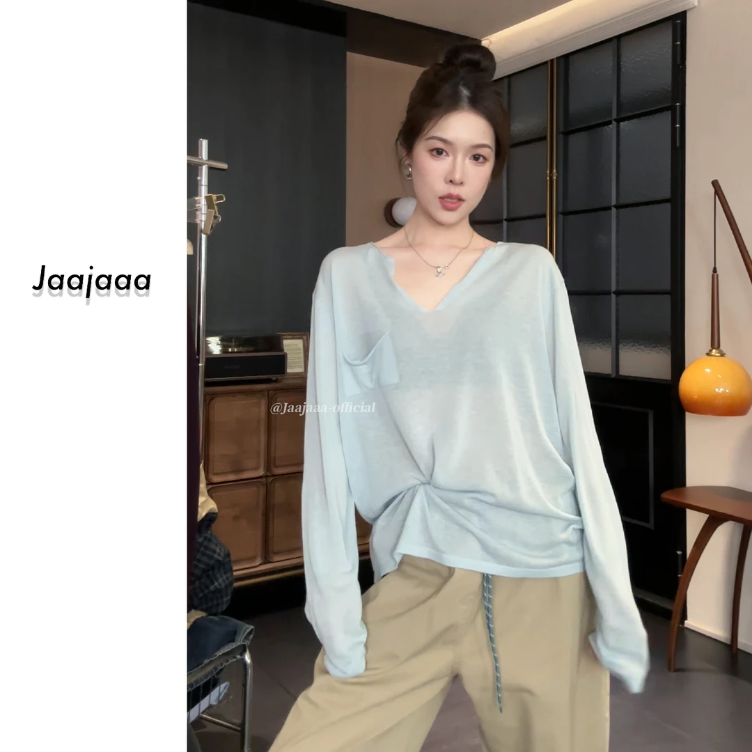Jaajaaa两度松弛 春季V领打底上衣宽松ins/AHDX