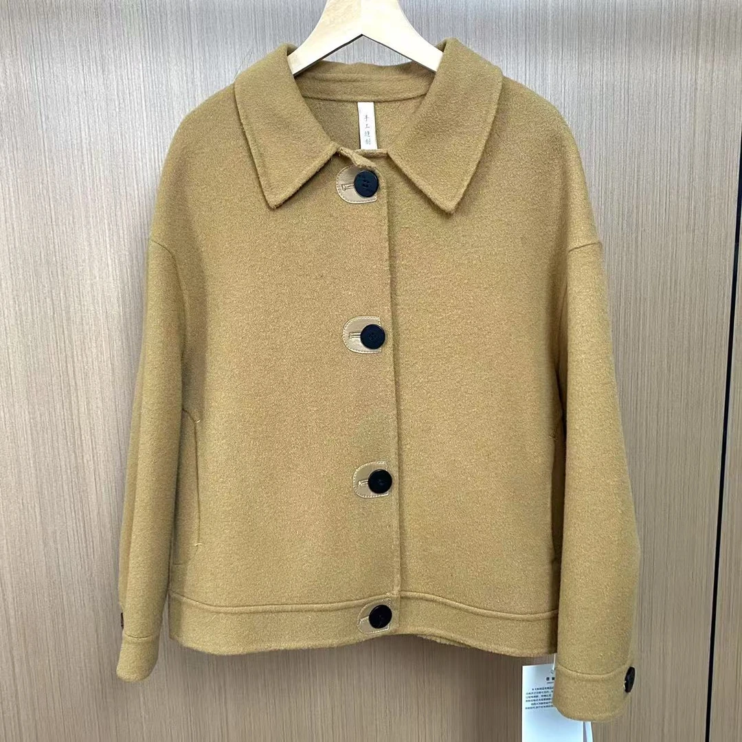 120厚款秋冬短款翻领娃娃领毛呢外套保暖插肩袖休闲风