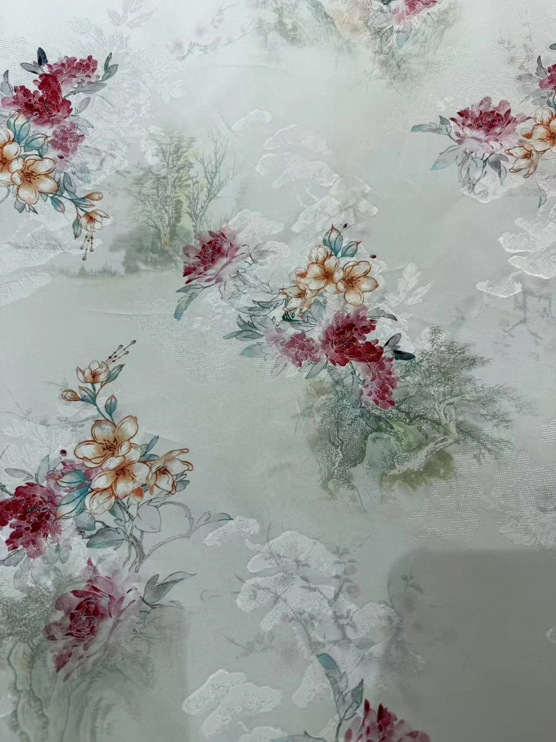 热卖白底立体牡丹花香云纱花萝提花裙子套装裤子上衣服装面料