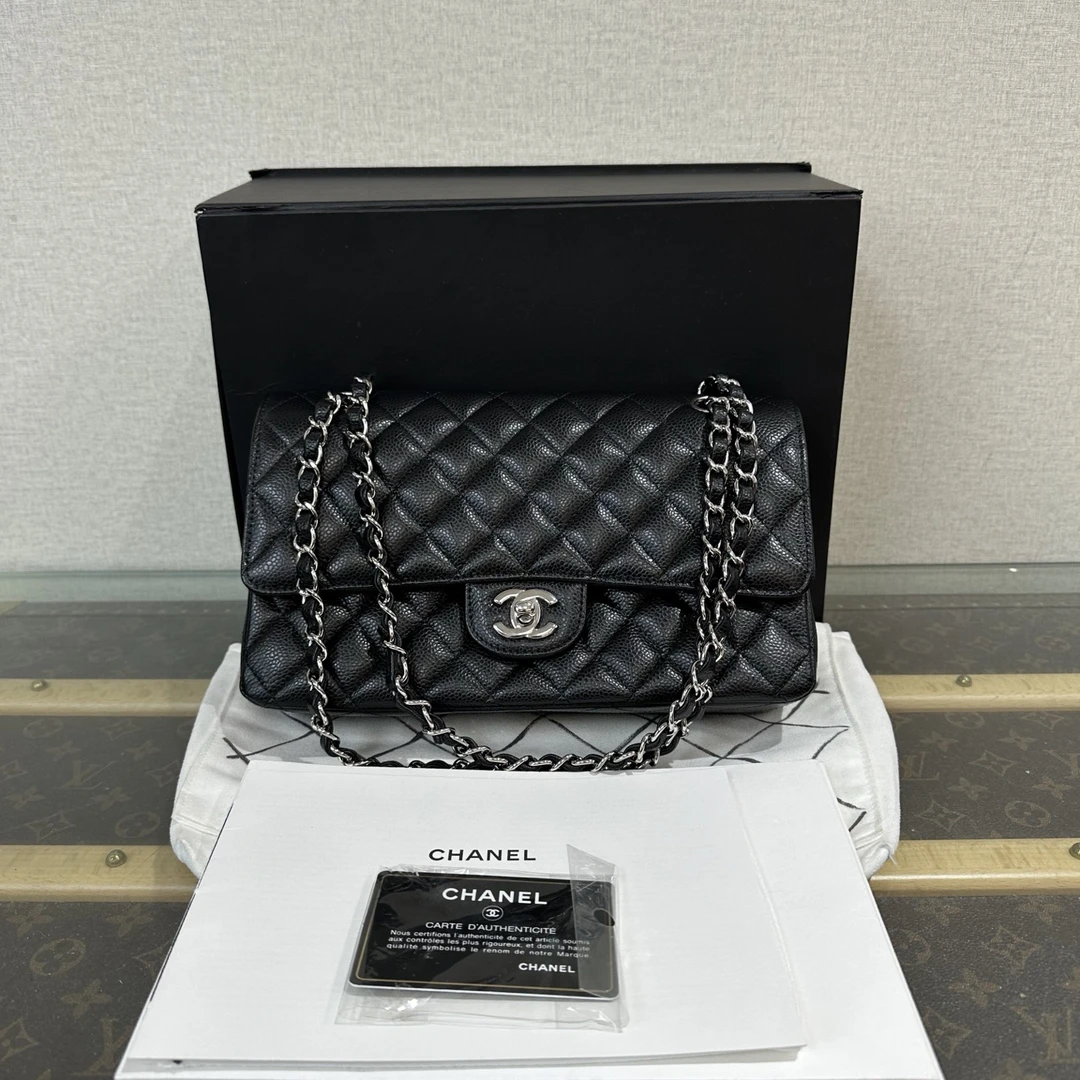 95新 Chanel/香奈儿 荔枝纹黑银CF中号链条单肩斜挎包 16157