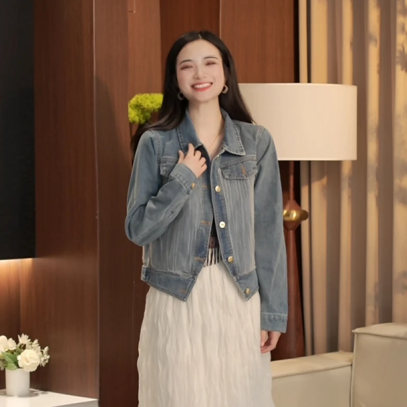 2025早春新款港风复古气质单排金属扣长袖拼接撞色网纱牛仔外套女