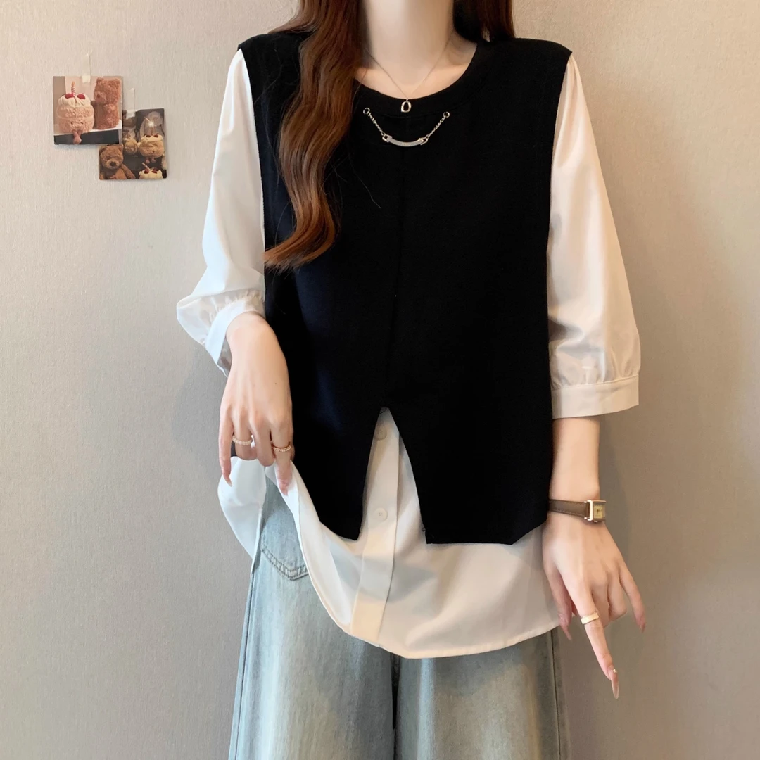 高级感黑色马甲配白色衬衫女夏季大码微胖mm显瘦假两件七分袖上衣