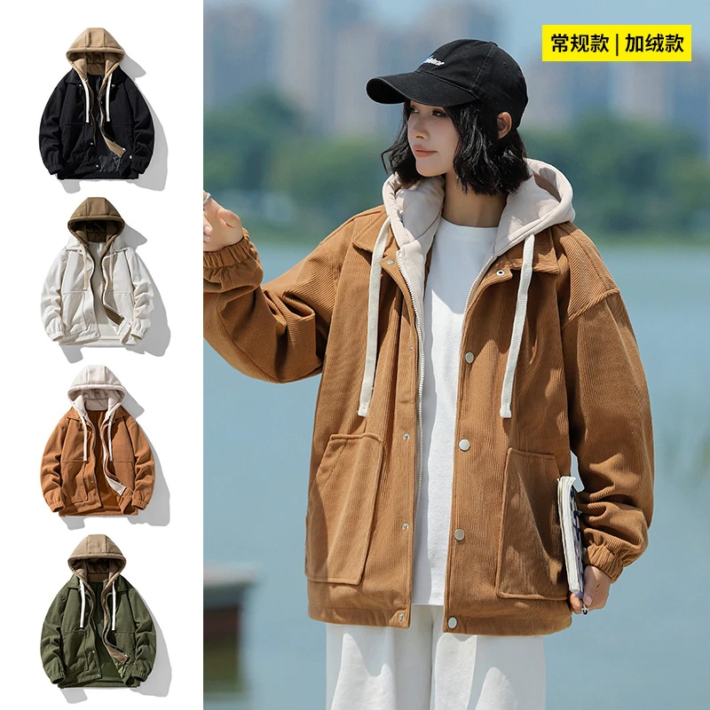 夹克拉链宽松型青少年夹棉外套假两件男连帽冬季