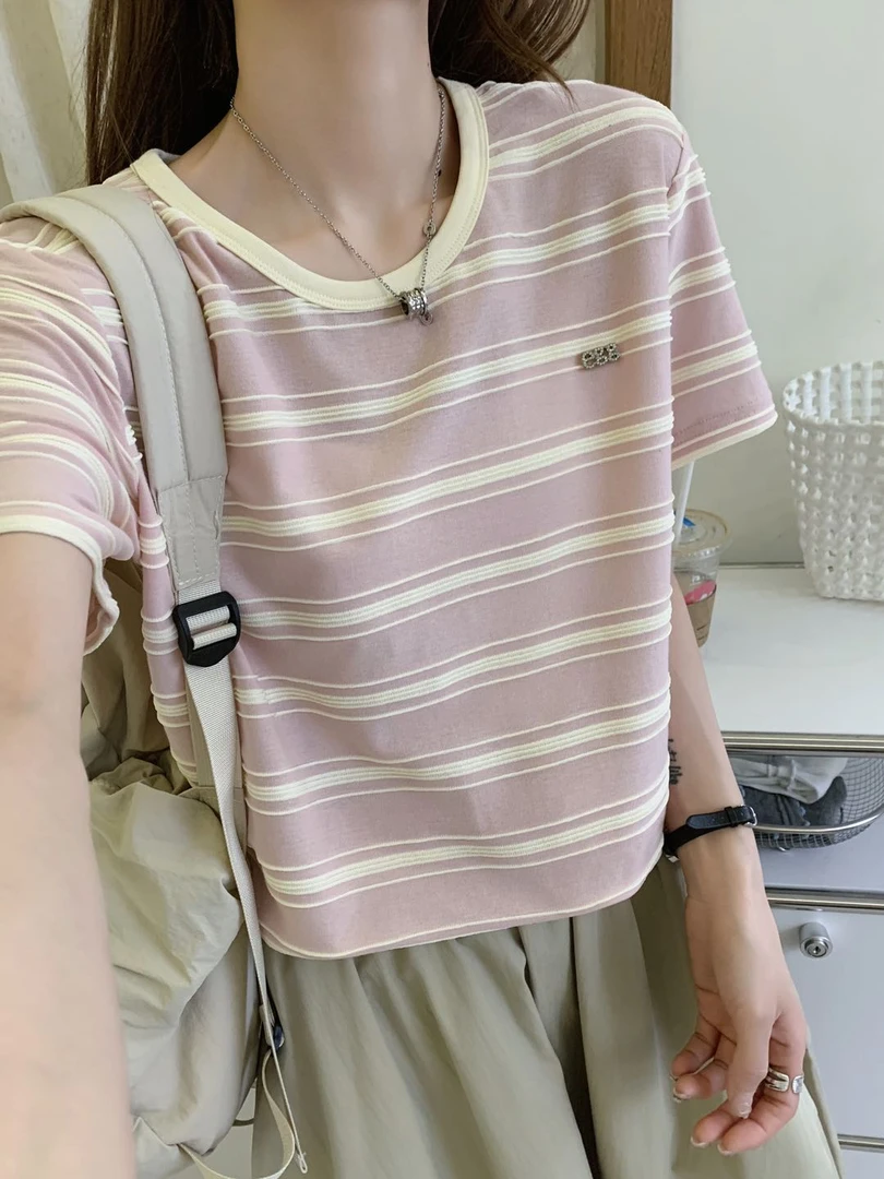 0338【夏季新款】韩系e家烫钻字母韩版宽松百搭条纹圆领短袖（81735）