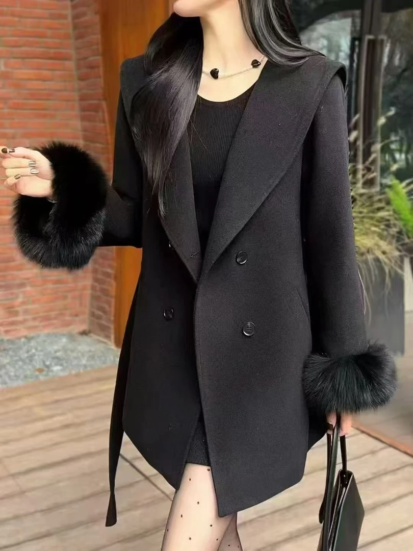 新秋冬双面大衣女小个子小香风毛呢外套系带毛翻海军领短