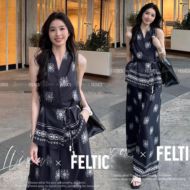 时尚套装女2025夏季新款洋气显瘦减龄复古无袖背心阔腿裤两件套潮