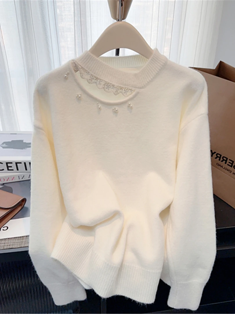 高级感气质蕾丝拼接镂空钉珠毛衣2025秋季韩版长袖打底针织衫女装