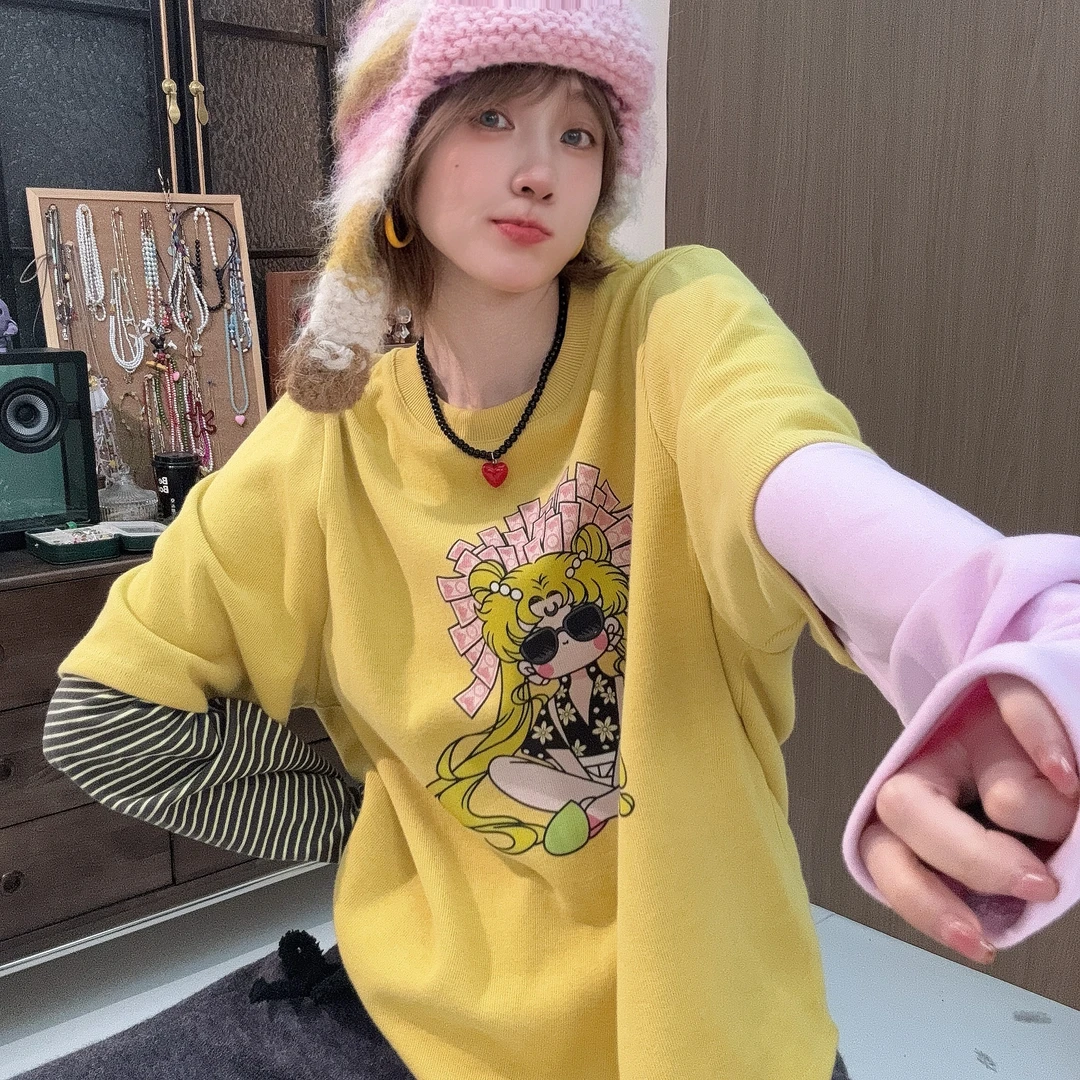 Apr.【暴富暴美】冬季新款假两件撞色卡通减龄数码印长袖T恤ST623