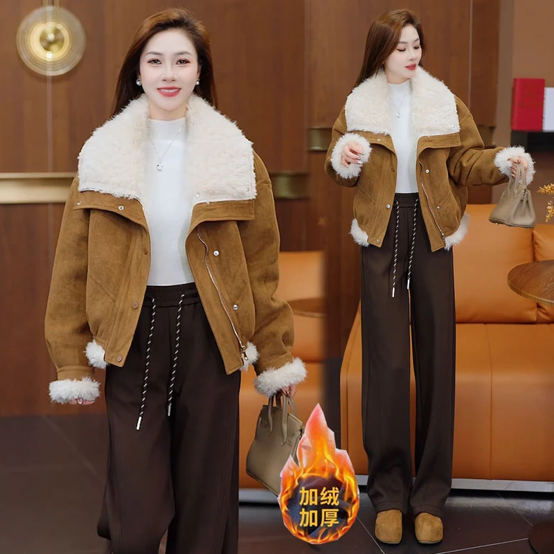 加绒加厚短外套女2025冬季新款时髦洋气毛毛拼接翻领上衣