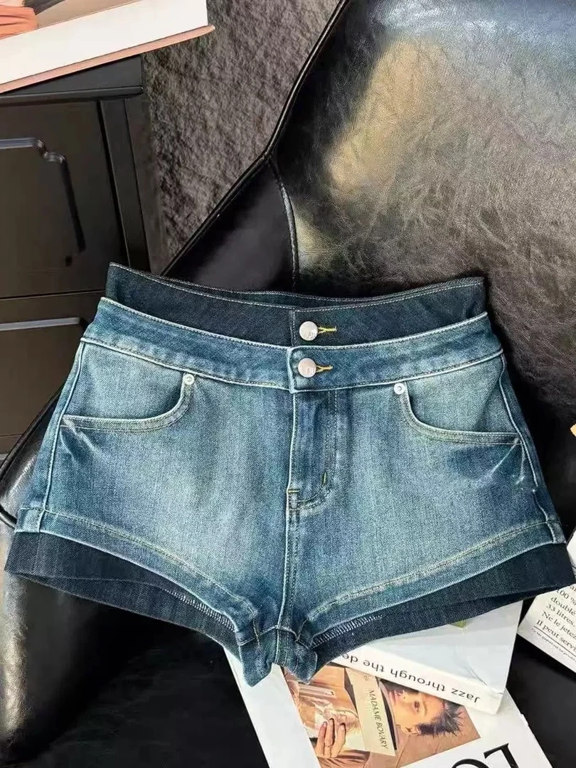 张昕懿同款复古双腰头撞色牛仔短裤女高腰显瘦辣妹穿搭提臀休闲裤