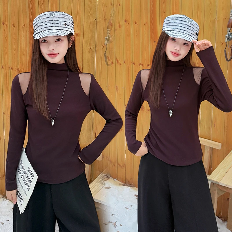 设计感网纱镂空长袖半高领打底衫女2025秋冬季新款修身显瘦小衫女