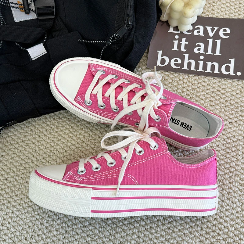 粉色低帮厚底805时尚青春潮流复古百搭学院系带港风休闲款帆布鞋