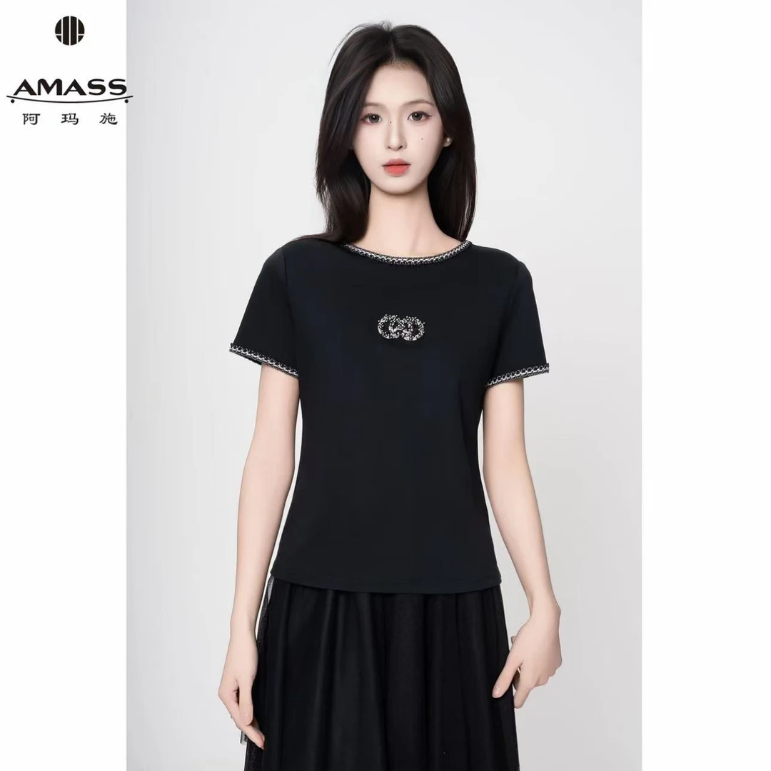 AMASS/阿玛施春夏新款民族风纯色气质休闲百搭短袖圆领T恤 530054