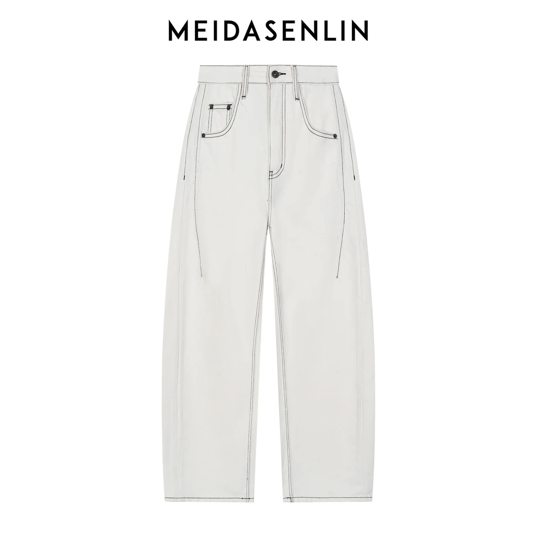 2025【美搭森林】水煮白牛-原胚色撞色线无弹弯刀裤牛仔裤女16273