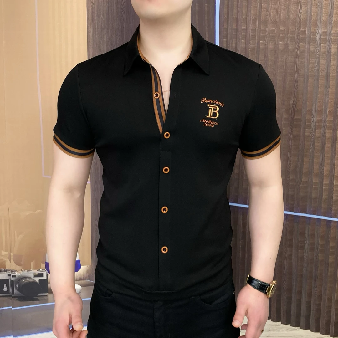 2025夏季沉稳棕男士轻奢时尚半袖修身翻领高品质商务打底百搭