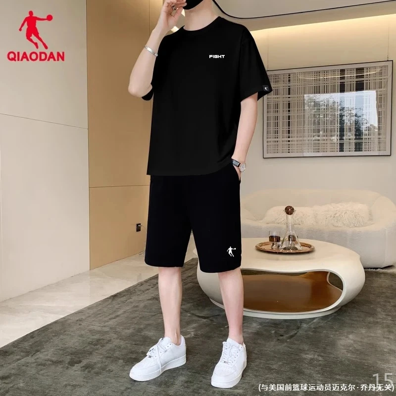 乔丹运动套装男夏季新款短袖短裤套装青少年潮流黑色休闲两件套男