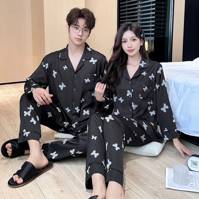 5年新款情侣印花冰丝睡衣时尚男女长袖薄款家居服