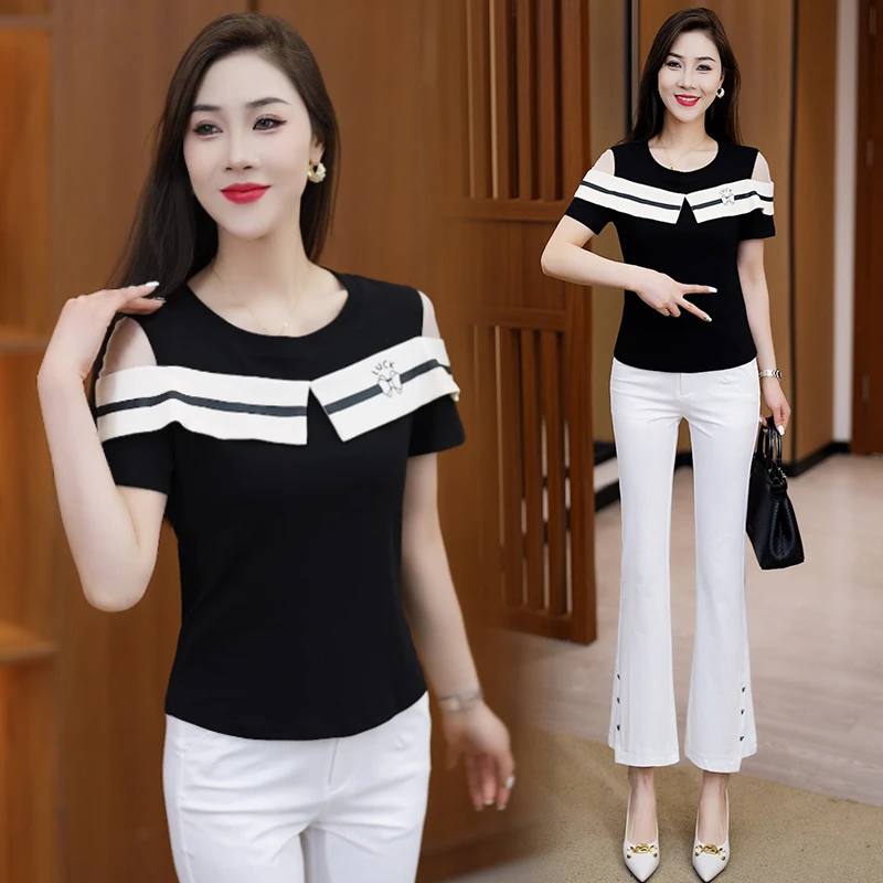 2025夏季新款法式露肩收腰短袖T恤女设计感气质洋气个性上衣