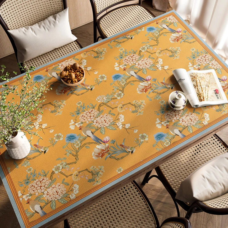 新中式餐桌垫防水防油防烫免洗茶几桌布轻奢高级感黄色可裁剪台布