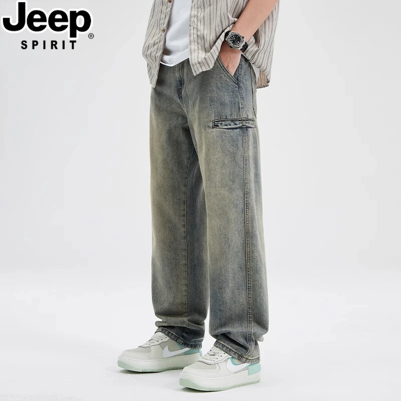 JEEPSPIRIT吉普新款潮牌复古牛仔裤男士潮流百搭垂感简约长裤子男