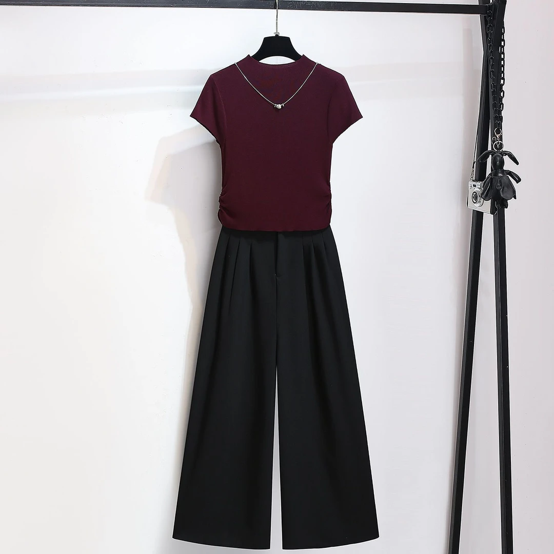 哥弟阿玛施正品巨好看的小个子短袖针织T恤西装阔腿裤两件套女夏2