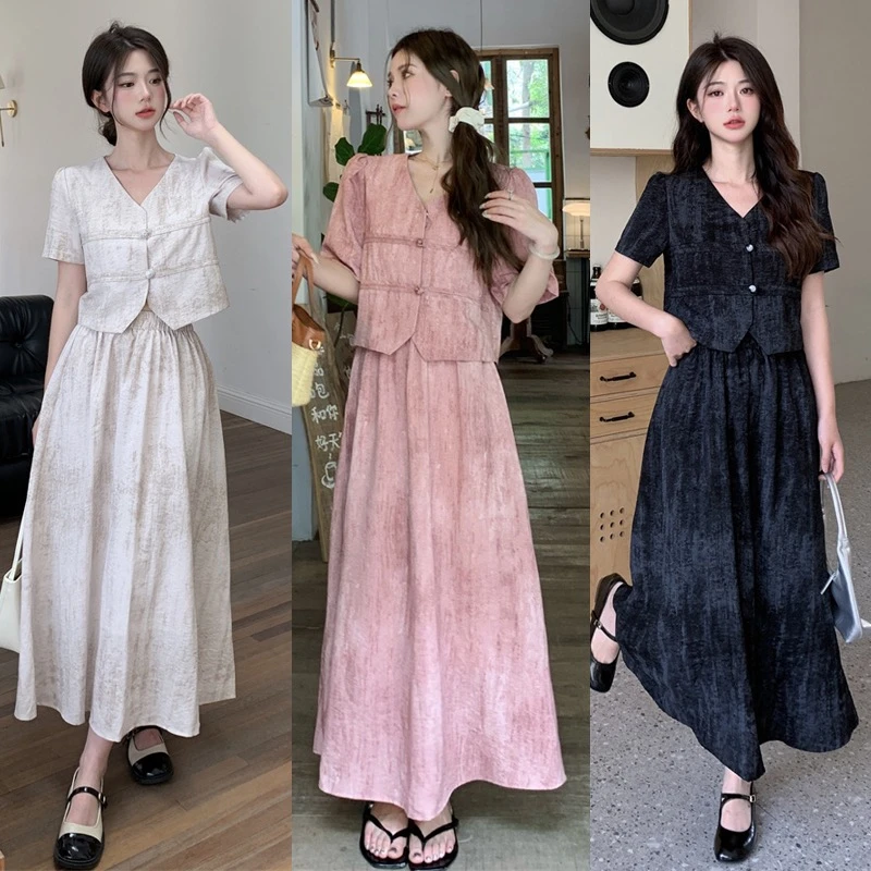 6534-大码女夏季新中式短袖遮肚上衣微胖mm肌理感半身裙两件套