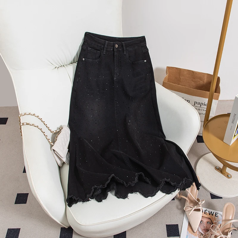 3001黑色鱼尾牛仔半身裙显瘦气质高腰新款重工烫钻侧开叉中长裙