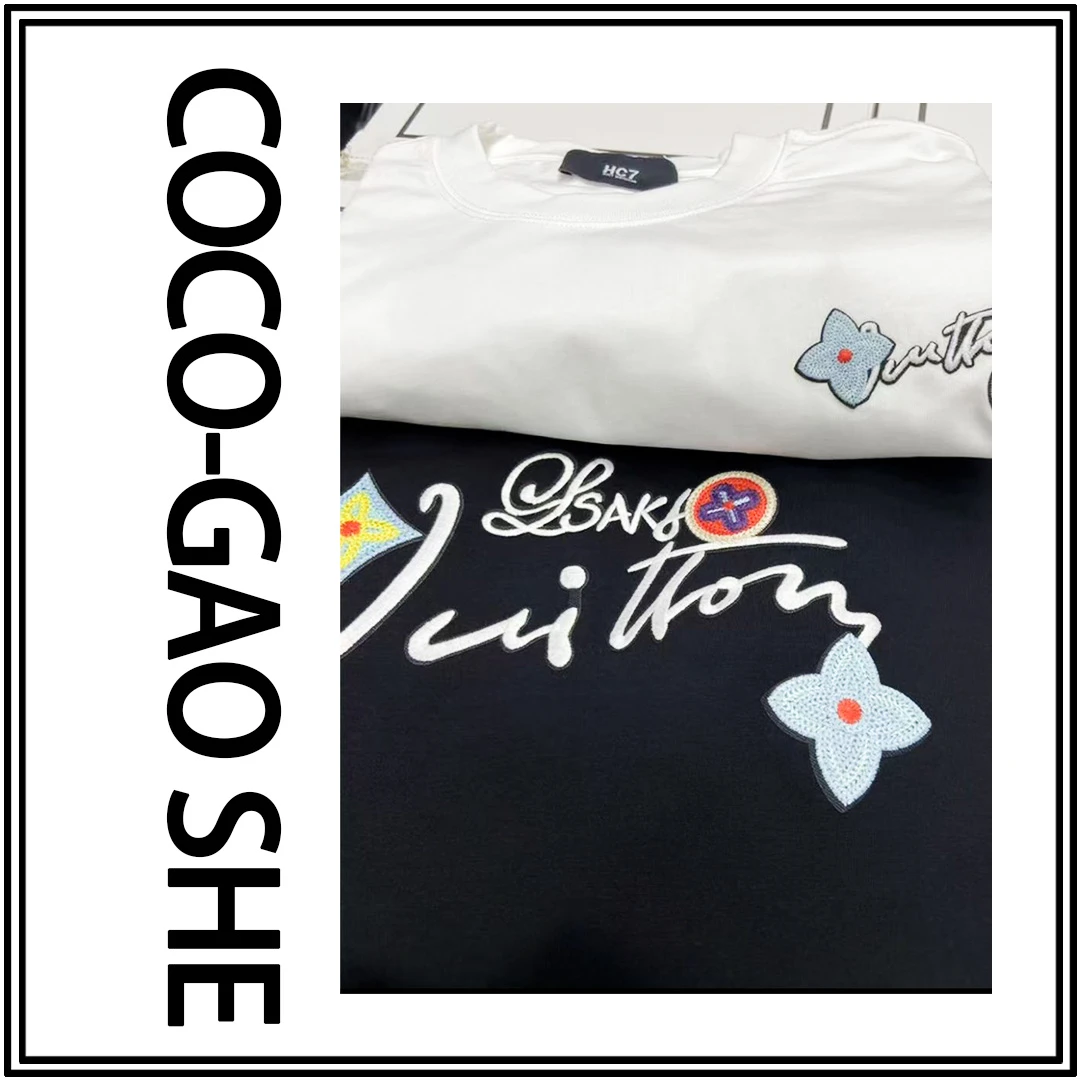 【22号链接-V登三花彩色刺绣字母】潮牌春夏宽松圆领休闲短袖1042