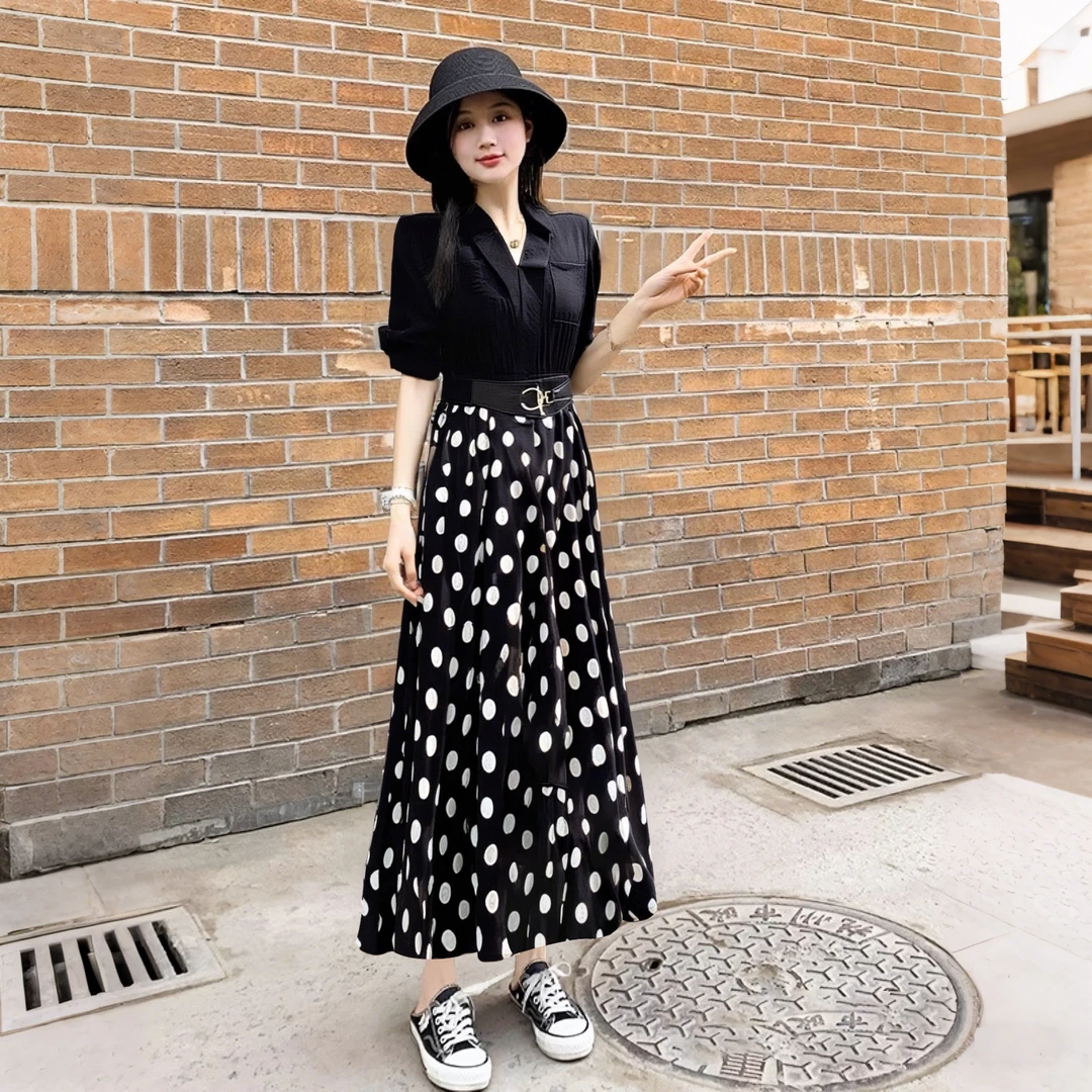 A【送腰带】夏季新款法式气质优雅时尚拼接波点大摆连衣裙女D2109