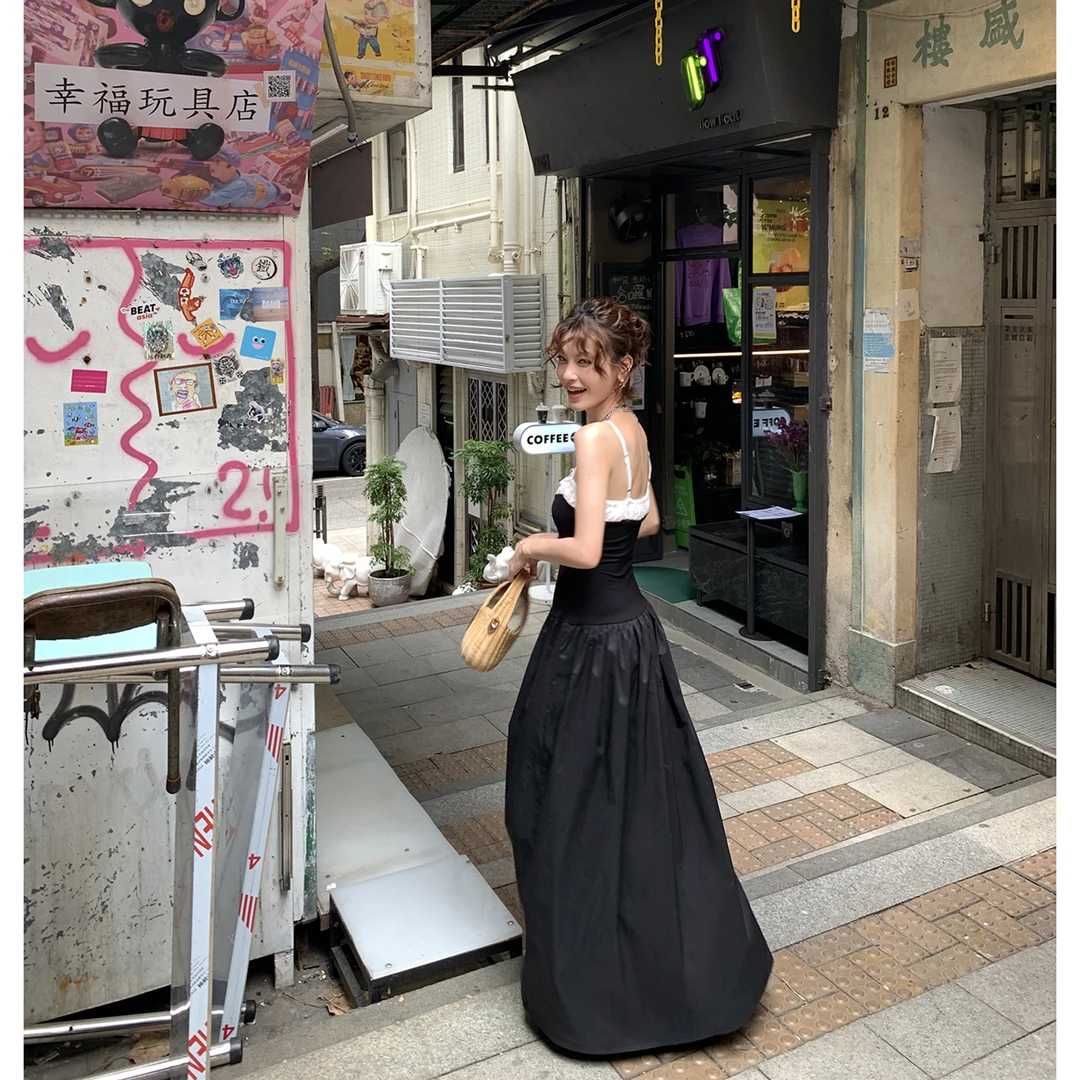 【高贵如你】拼色吊带连衣长裙大摆伞裙4287