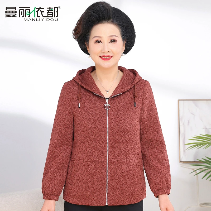 中老年女装春季连帽风衣外套宽松妈妈装春秋新款奶奶夹克上衣洋气