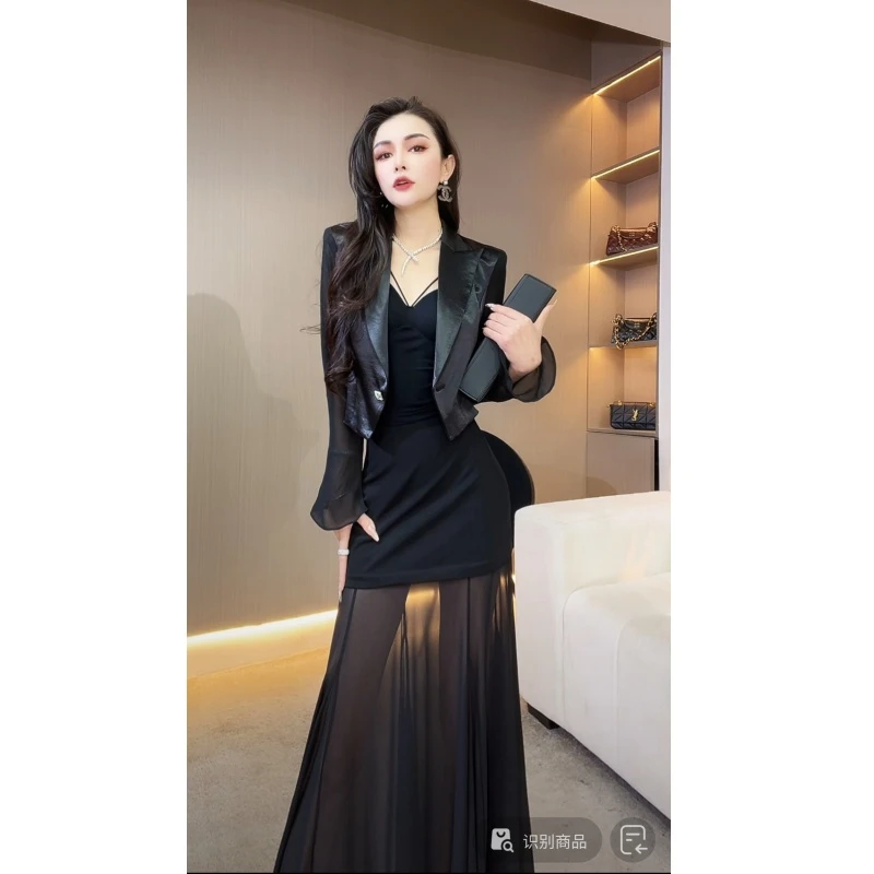【YING FASHION】莹老板-时尚气质醋酸拼网纱西装外套 8020261 858