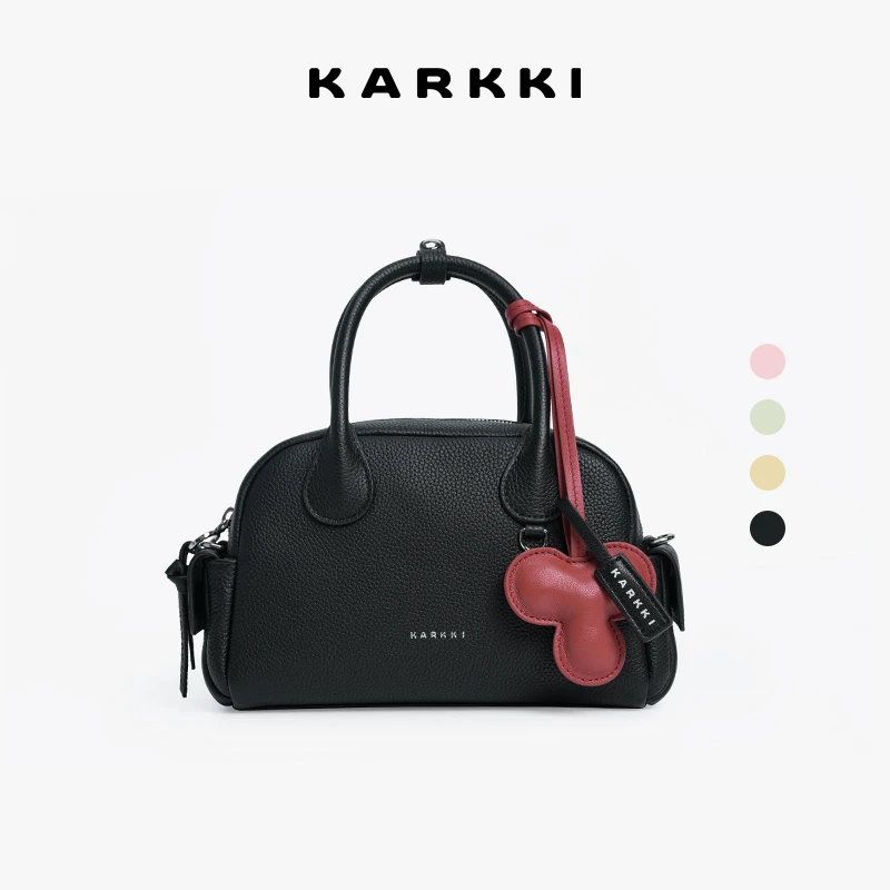 KARKKI/个奇头层牛皮波士顿保龄球包单肩斜挎包手提包设计感女包