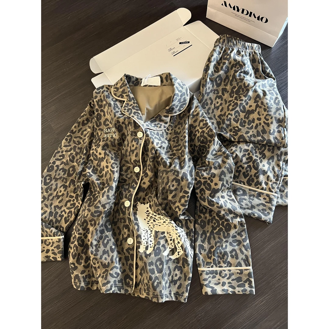 韩系轻奢复古豹纹睡衣女款春秋季慵懒风长袖长裤家居服套装可外穿