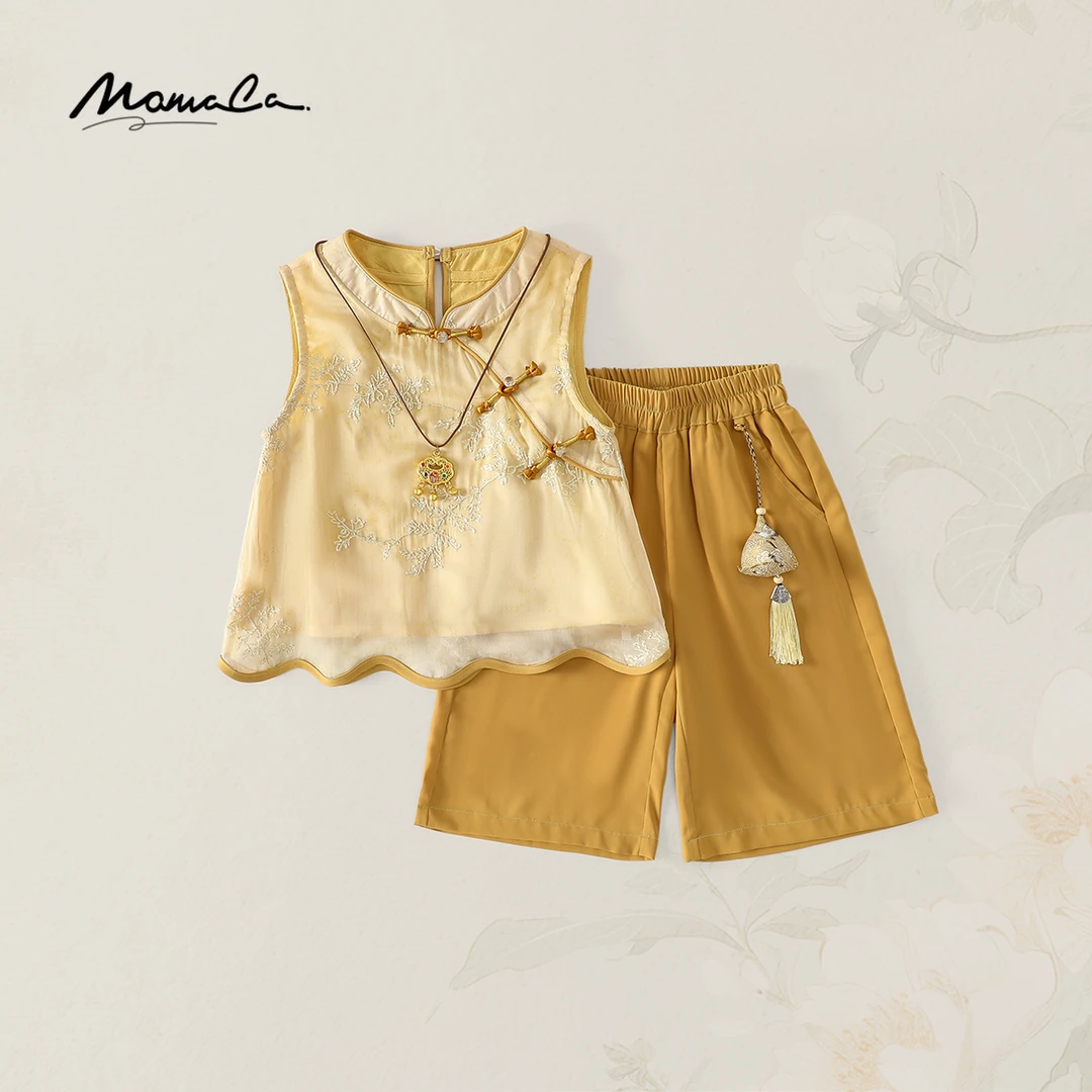 MOMOCO新款金光华彩夏季新中式挂件刺绣七分裤套装77620580078