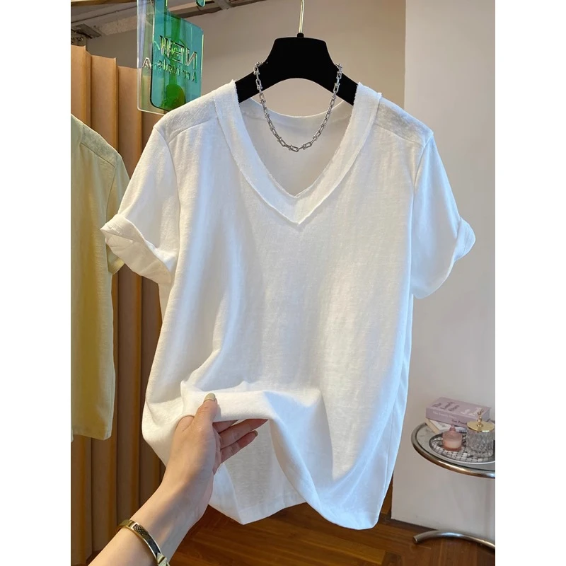 大码女装夏季轻薄雪花棉反穿设计V领短袖t恤新款宽松休闲百搭上衣