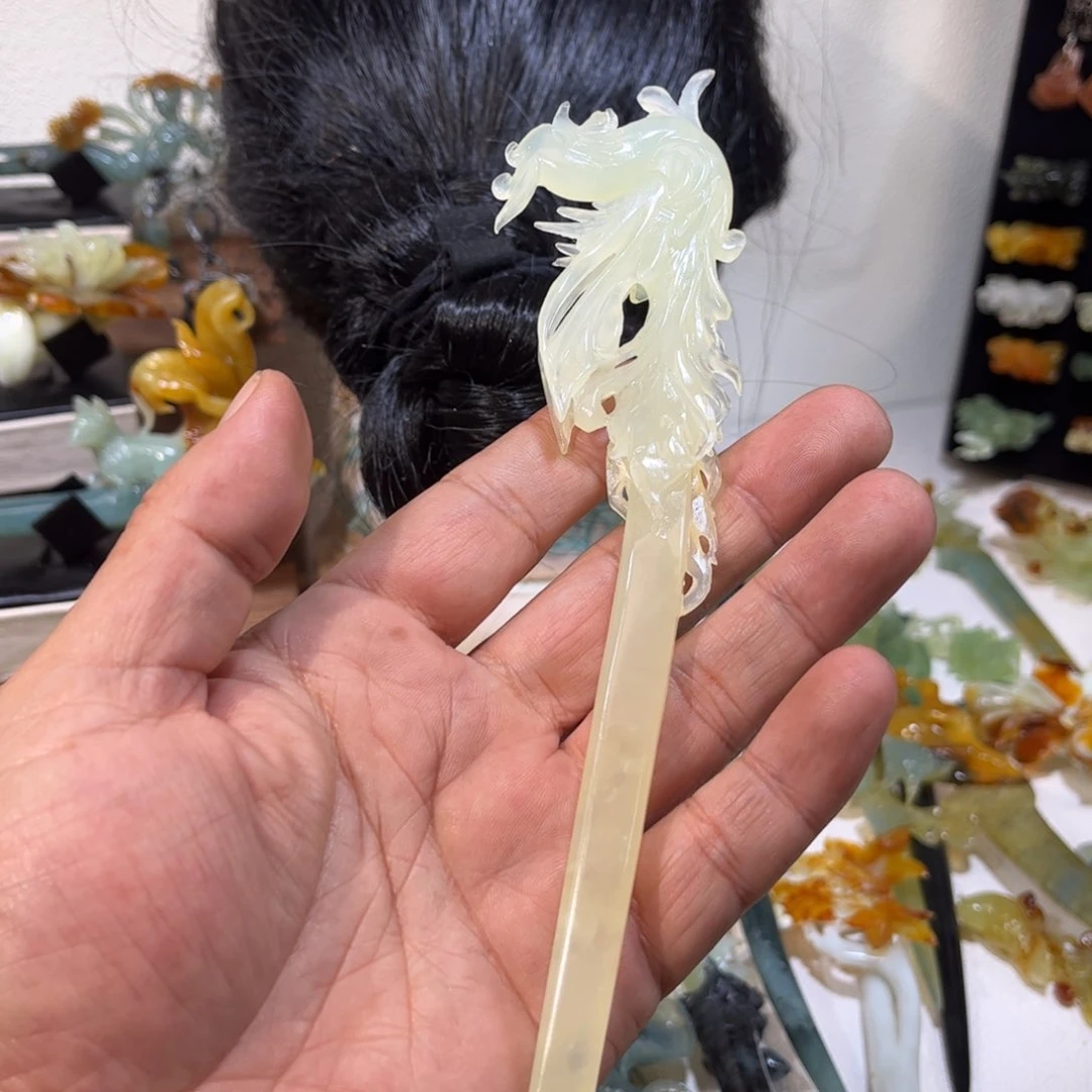 蛇纹石玉发簪合金团*@