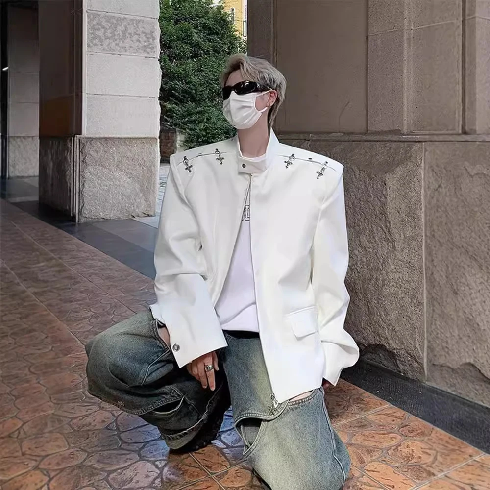 新款小众高级感解构主义金属飞机扣设计男士夹克立领垫肩黑色西服