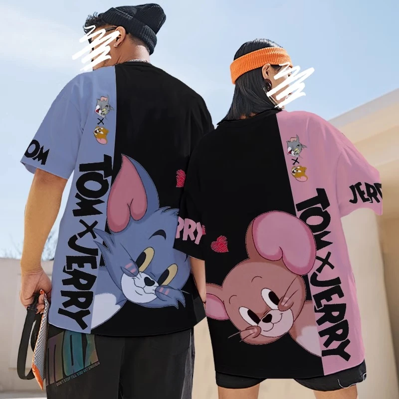 2025新款短袖t恤男女生猫和老鼠联名大码宽松潮牌情侣装夏季半袖