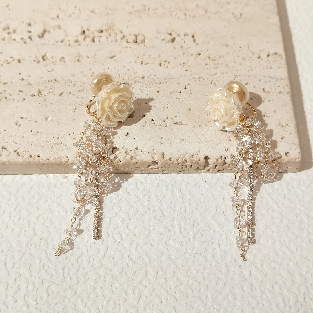 合金耳饰 甜可饰品  时尚高级长款流苏山茶花耳夹