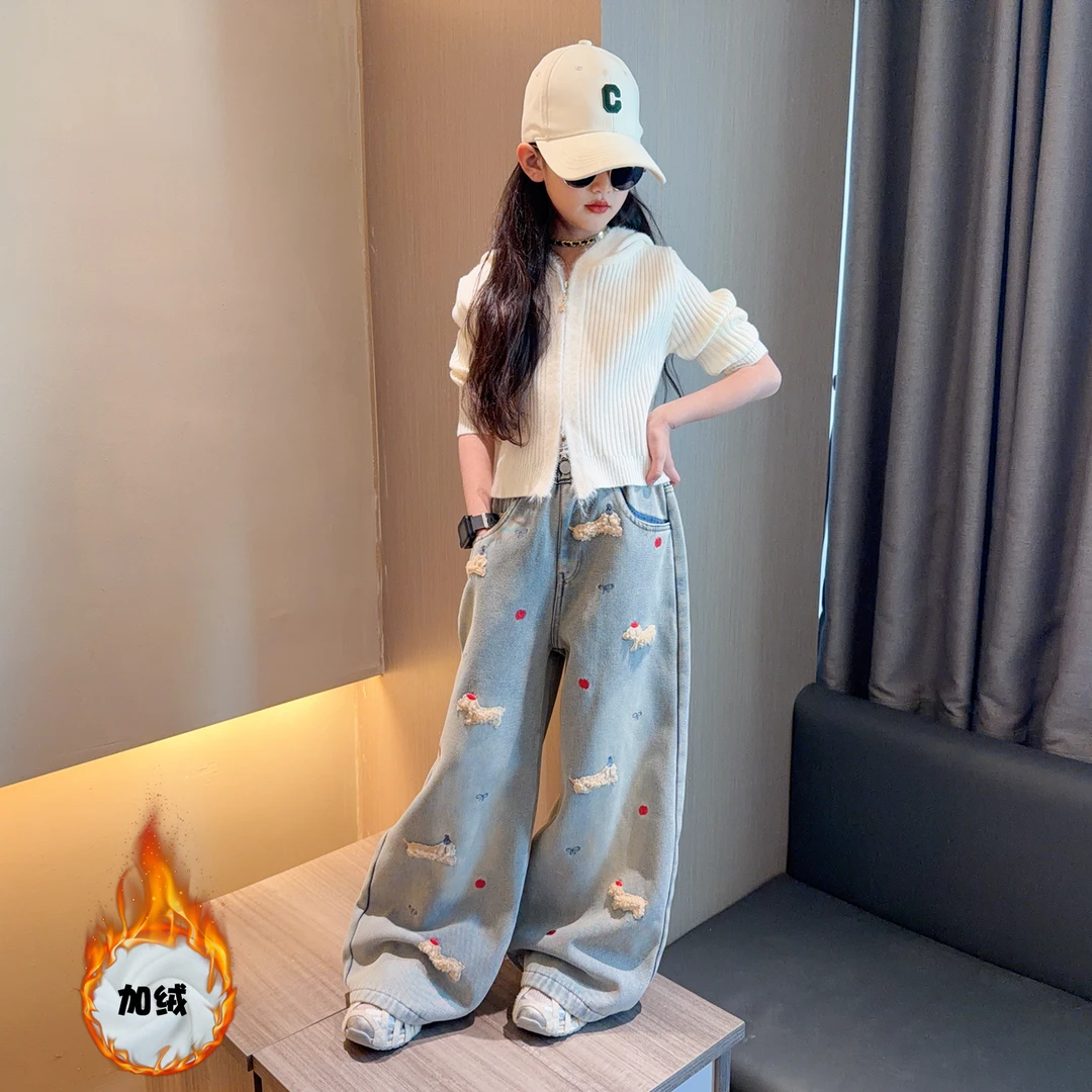 女童复古可爱毛衣外套秋冬装新款洋气毛边拼接连帽短款针织开衫衣