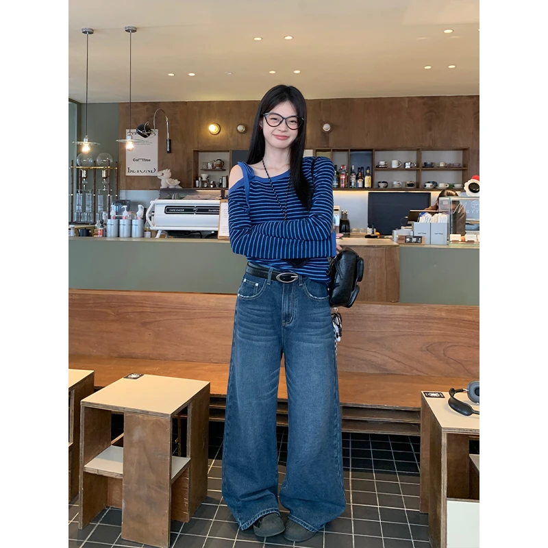 宋正恩复古蓝直筒牛仔裤女高腰宽松阔腿裤高级感休闲拖地裤ST902