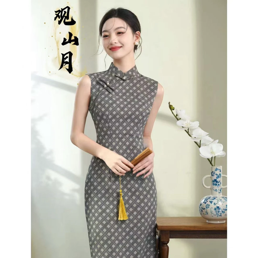 观山月【疏影】新款半开襟文艺秀雅气质旗袍裙 S-2XL