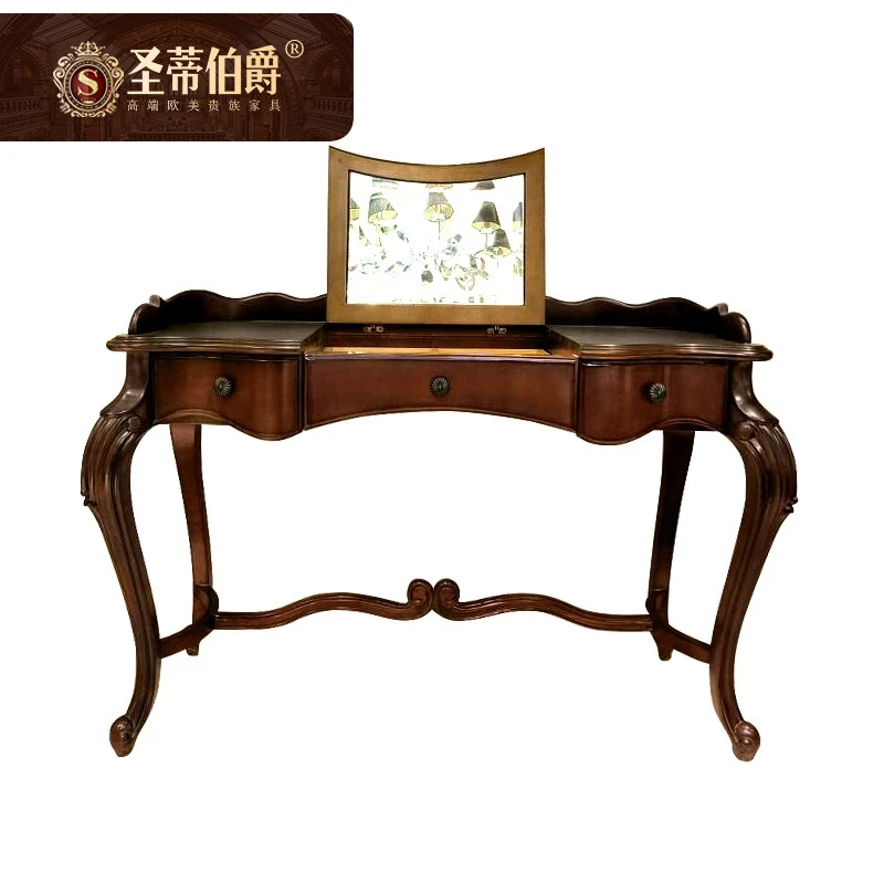 美式复古全实木梳妆台化妆桌带收纳盒镜子欧式家用书房写字台