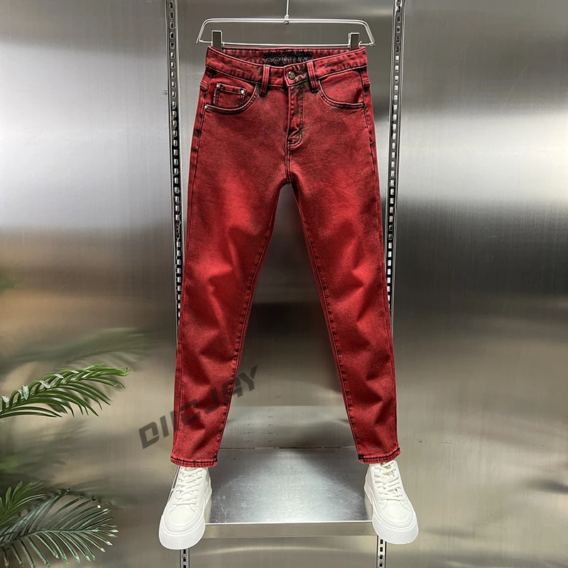 【高端】轻奢男士微弹秋冬红色痞帅潮流牛仔裤休闲加绒时尚百搭直筒